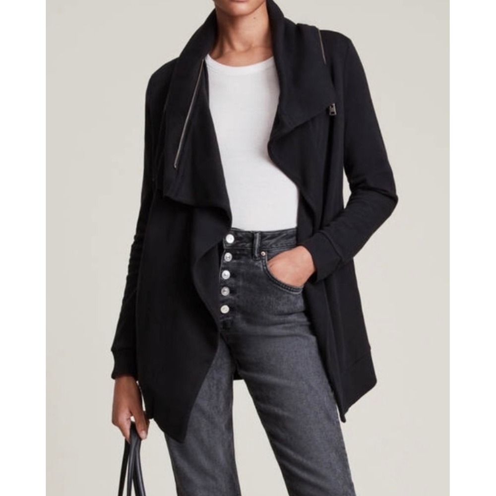 AllSaints Dahlia Sweat Black Draped Waterfall Cardigan Jacket WM163F Womens